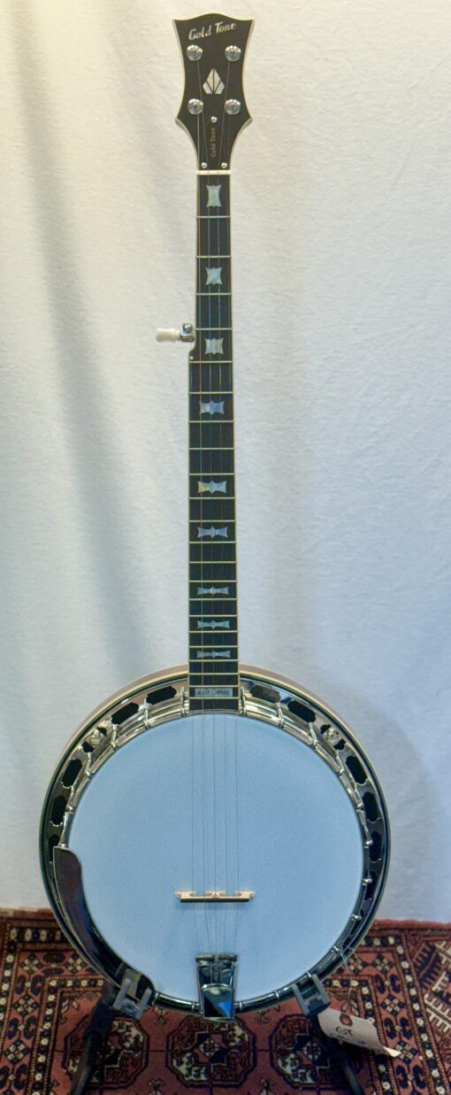Gold Tone Mastertone OB-2 banjo with bowtie inlays, full front view showing resonator and neck