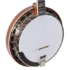 Detail shot of RK-ELITE 75 banjo showing Presto-style tailpiece, maple/ebony bridge, and professional hardware