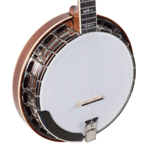 Detail shot of RK-ELITE 75 banjo showing Presto-style tailpiece, maple/ebony bridge, and professional hardware