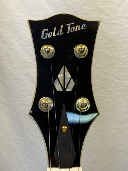 Gold Tone OB-2 JM Joe Mullins Signature banjo headstock with diamond mother-of-pearl inlay and premium Gotoh tuning pegs