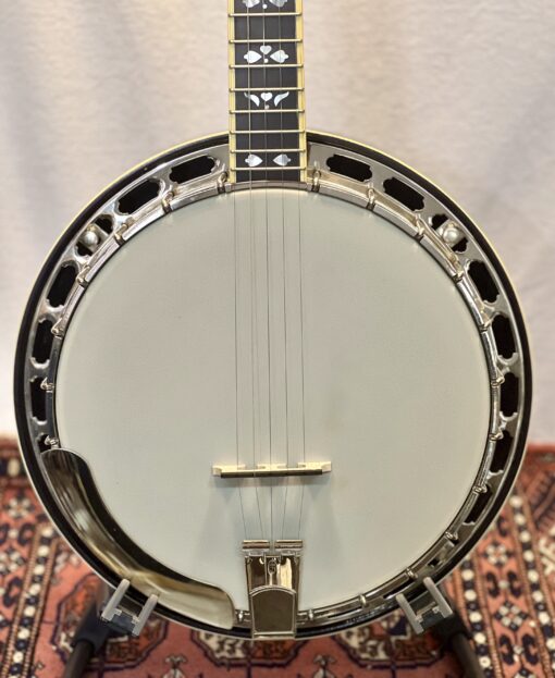 2009 Flint Hill FHB-285 flathead banjo with flamed maple resonator and neck, Style 6 floral inlays, and vintage sunburst finish