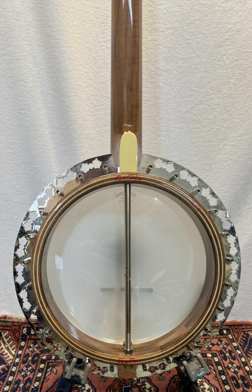 Back of Stelling Staghorn banjo rim showing interior construction and special inscription