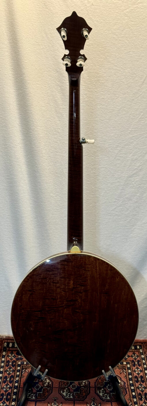 Full rear view of 2003 Stelling Red Fox banjo on stand showing complete back profile