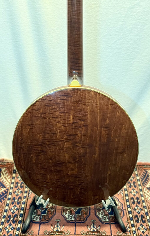 Rear view of Stelling Red Fox banjo resonator showing beautiful flame maple grain patterns