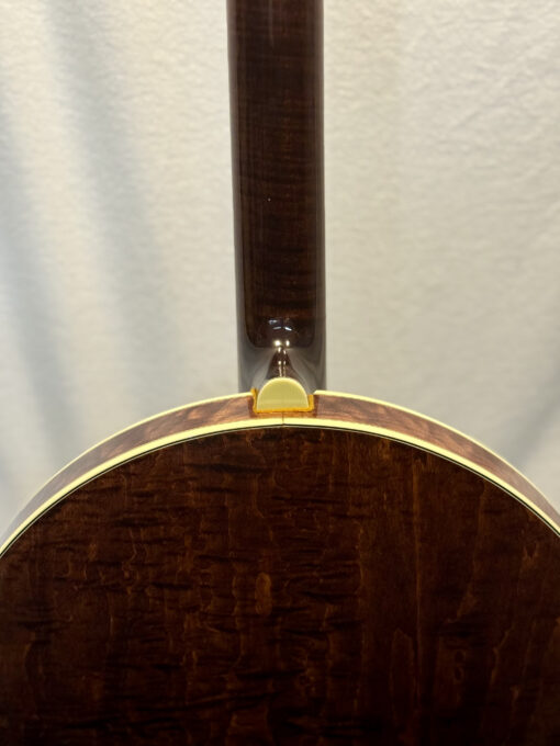 Close-up of Stelling Red Fox banjo neck-to-rim joint showing precision craftsmanship