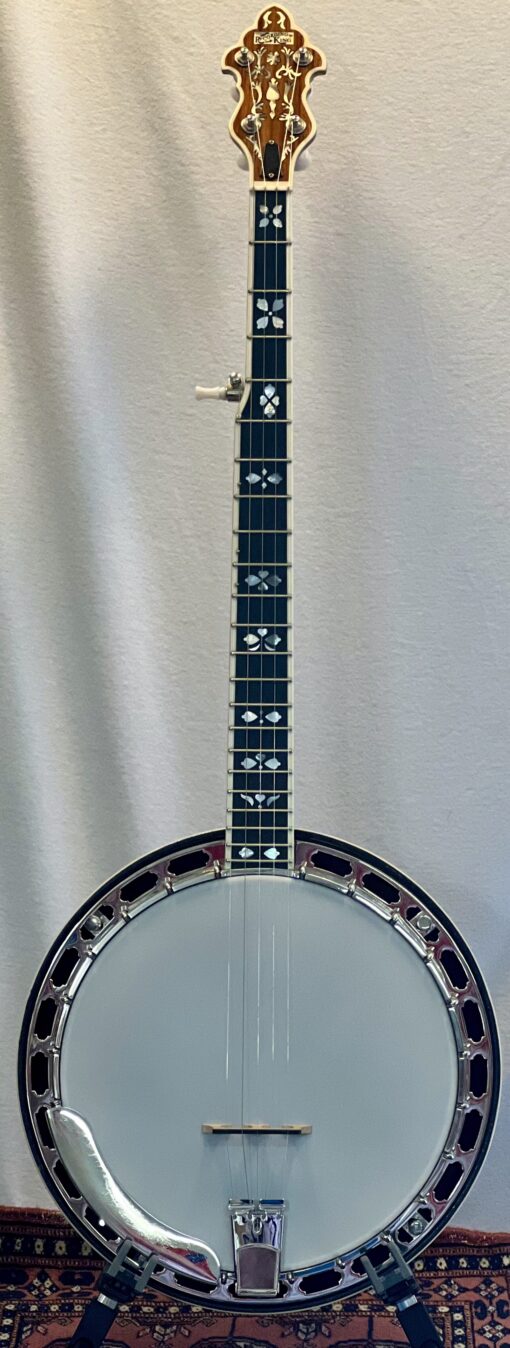 Recording King RKR-80 Professional banjo full front view showing mahogany resonator, ebony fretboard with mother-of-pearl floral inlays, and ornate peghead design