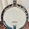 Close-up of Recording King RKR-80 banjo head and tone ring showing Remo frosted head and Mastertone-style hardware