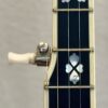 Recording King RKR-80 fretboard detail showing ebony fingerboard with mother-of-pearl floral position markers and nickel-plated hardware