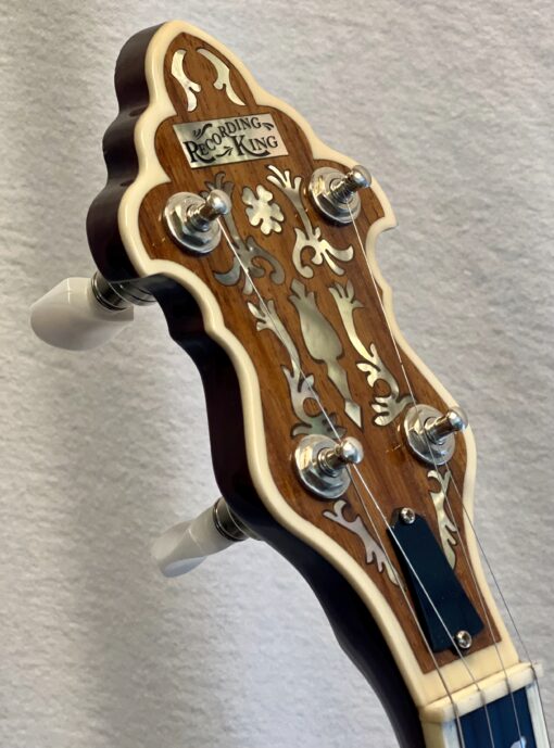 Recording King RKR-80 peghead back view showing ornate floral mother-of-pearl inlay and Gotoh planetary tuning pegs