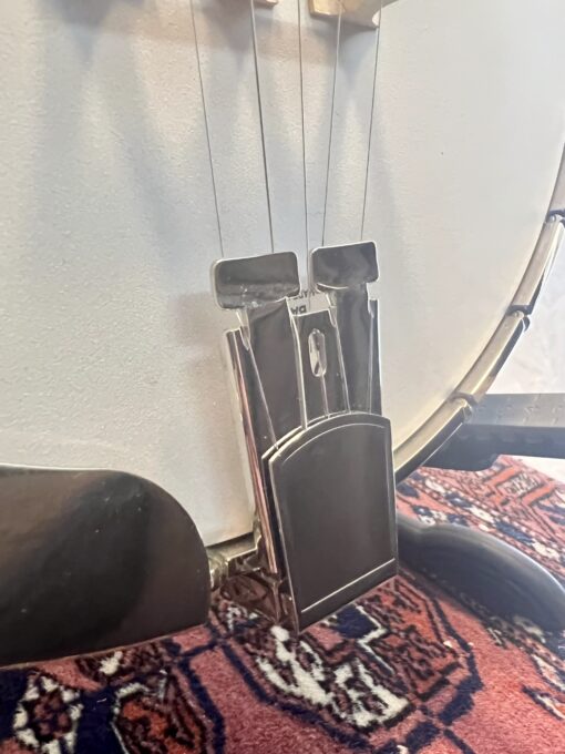 Recording King RKR-80 banjo strings and tailpiece area showing string attachment and hardware details