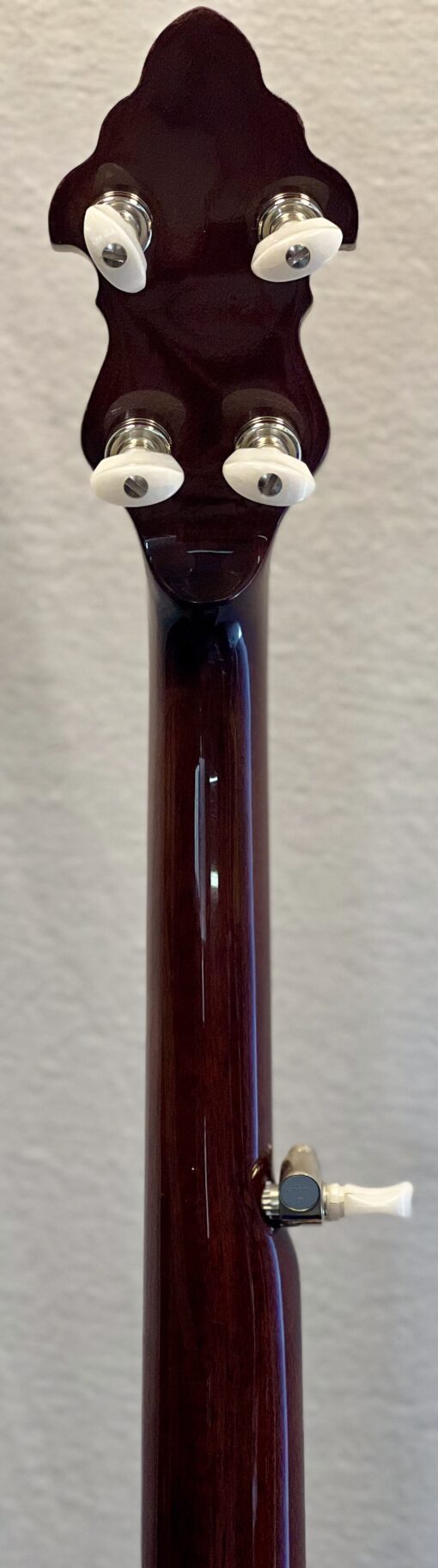 Recording King RKR-80 back of peghead close-up displaying Gotoh planetary tuners and mahogany neck finish