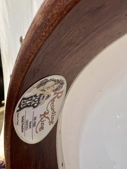 Recording King RKR-80 label detail inside resonator showing model specifications and manufacturing information