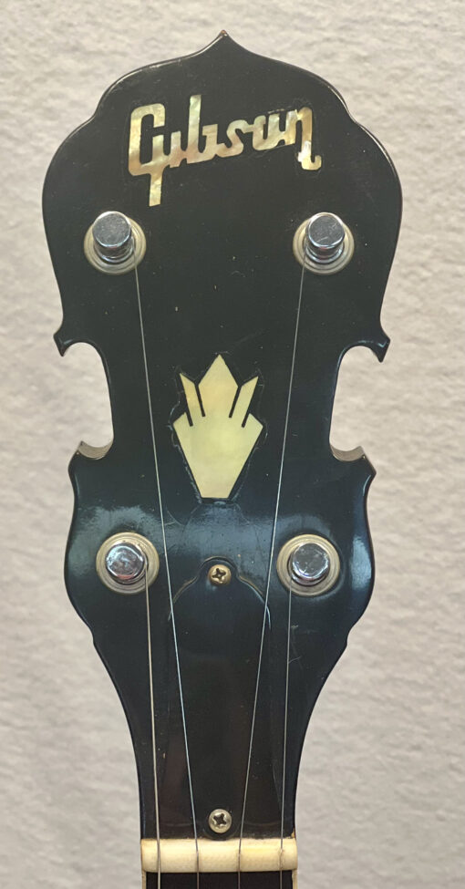 Gibson RB-250 banjo headstock showing gold Gibson logo and chrome Kluson tuners