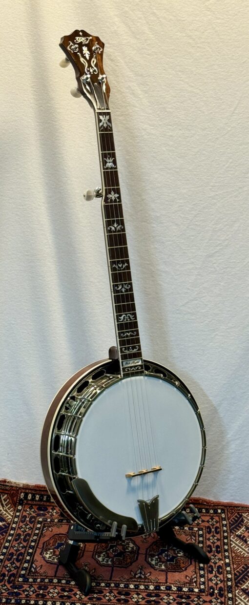 1995 Rich & Taylor Bluegrass Classic banjo serial 951106 full view showing mahogany headstock with mother-of-pearl inlays and complete instrument