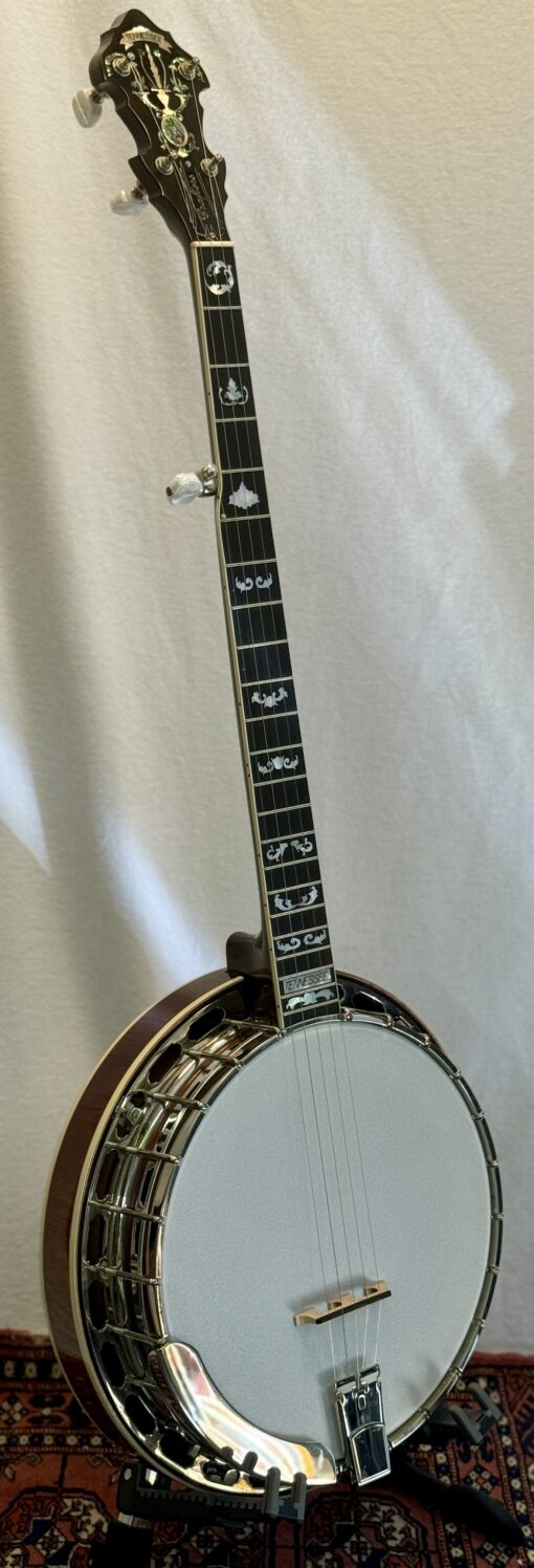 Full profile view of 2004 Crafters of Tennessee Flathead maple banjo with sunburst finish