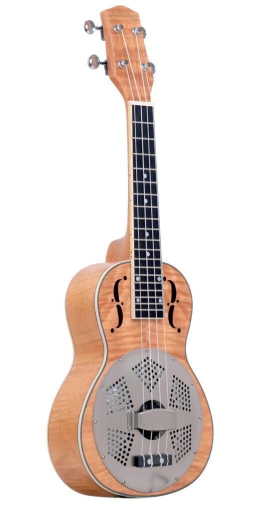 Gold Tone ResoMaple concert resonator ukulele full front view with curly maple body, biscuit cone, and f-holes