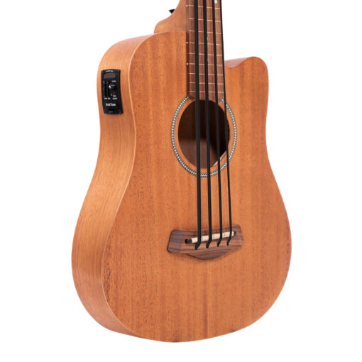 Gold Tone M-BassFL body closeup showing soundhole rosette and onboard EQ preamp panel