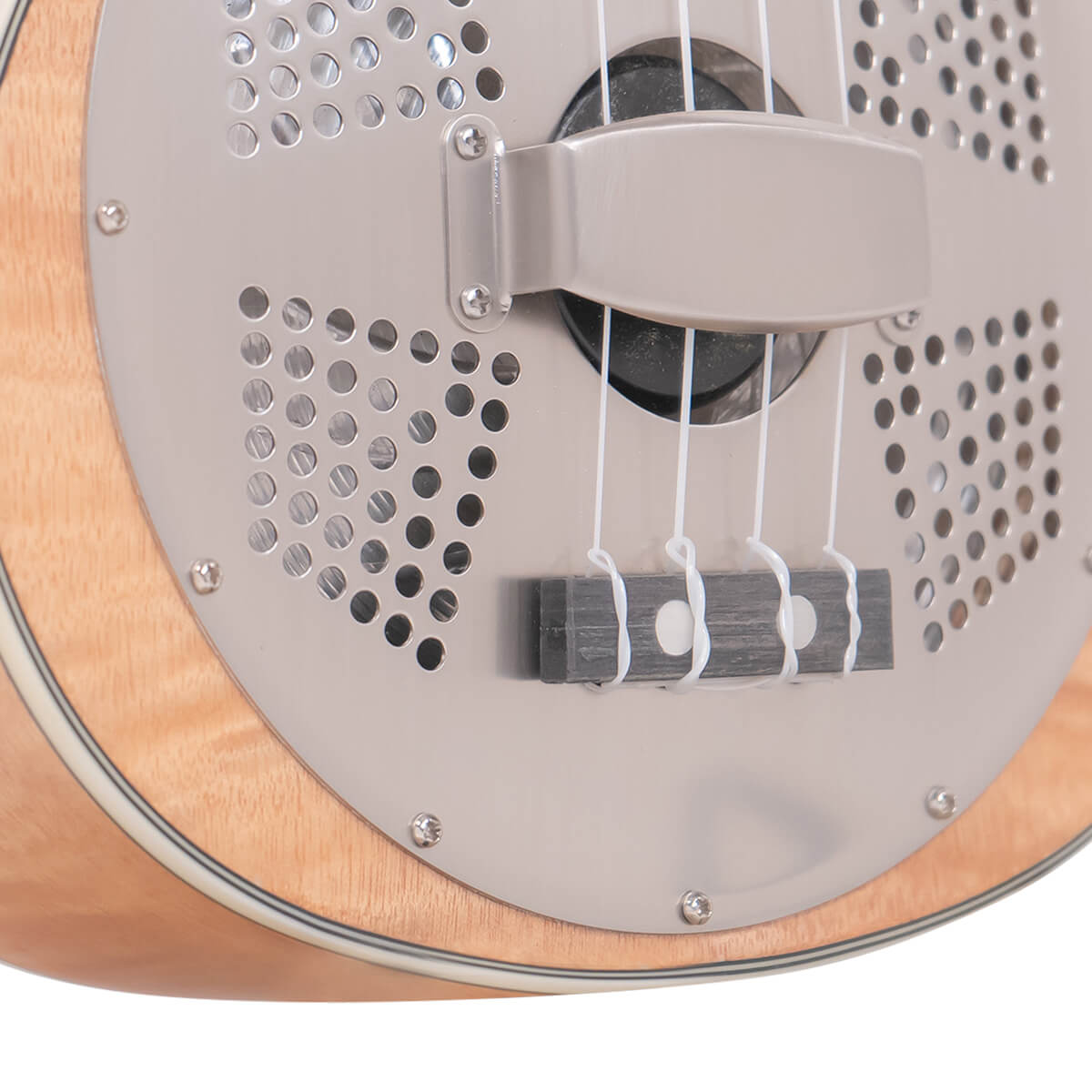 Gold Tone ResoMaple biscuit cone resonator coverplate and maple bridge detail with brushed aluminum finish