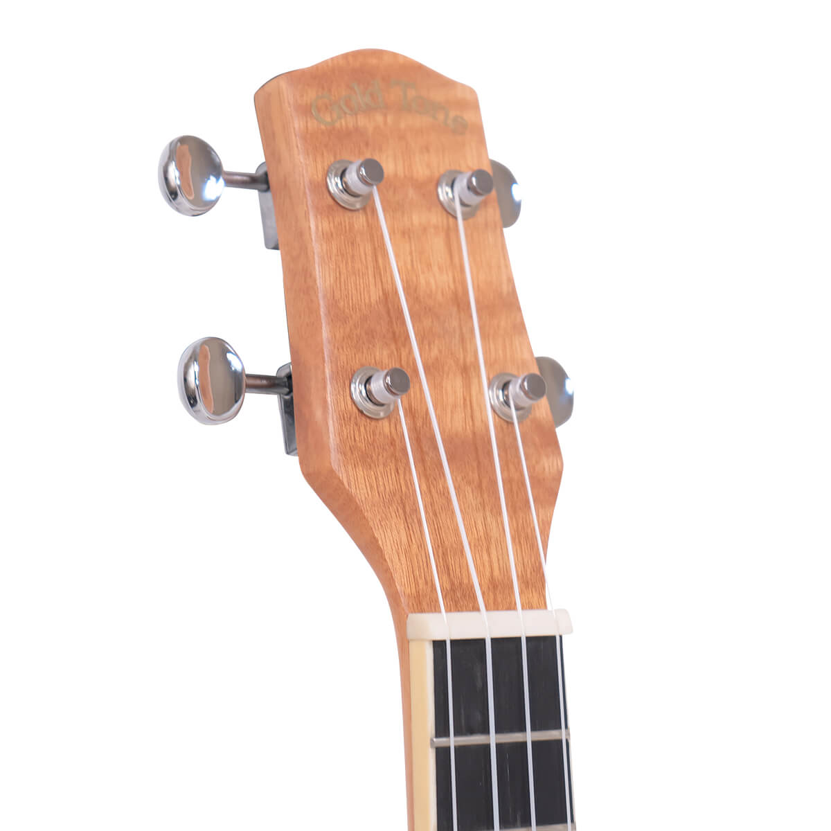 Gold Tone ResoMaple ukulele headstock front with logo and Kluson-style chrome tuning machines
