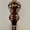 Peghead closeup of a 1960s Fender Artist banjo with Fender script logo and elaborate pearl scrollwork