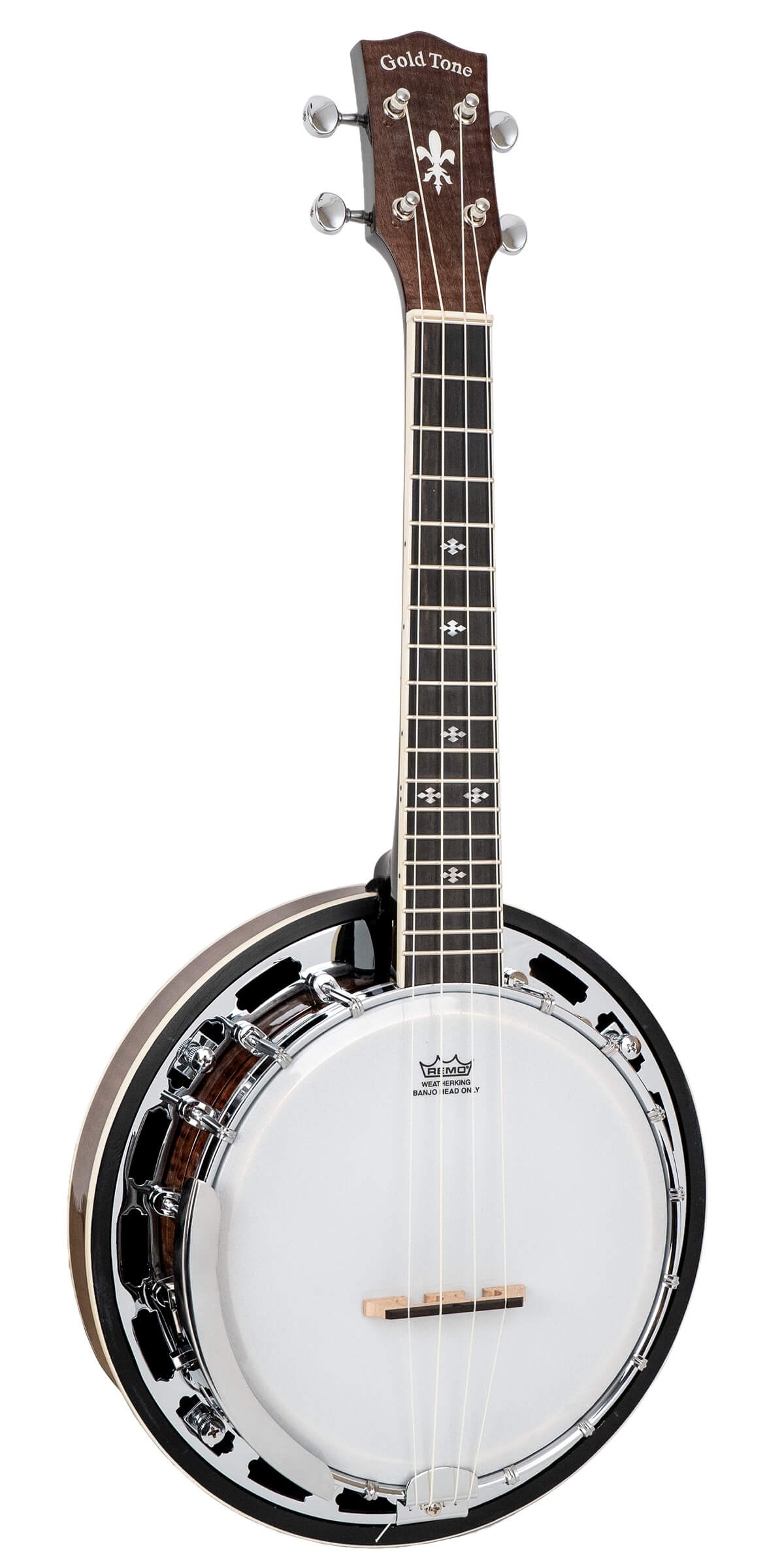 Gold Tone Banjolele-DLX concert-scale banjo ukulele front view showing flamed maple resonator, one-piece cast flange, and ebony fingerboard with snowflake inlays