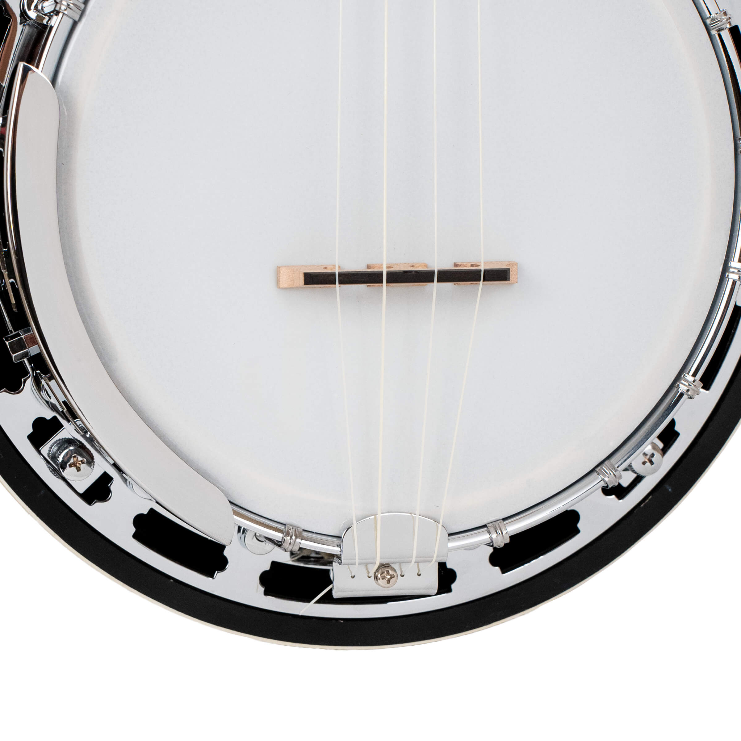 Gold Tone Banjolele-DLX banjo uke style tailpiece and maple bridge with ebony cap close-up