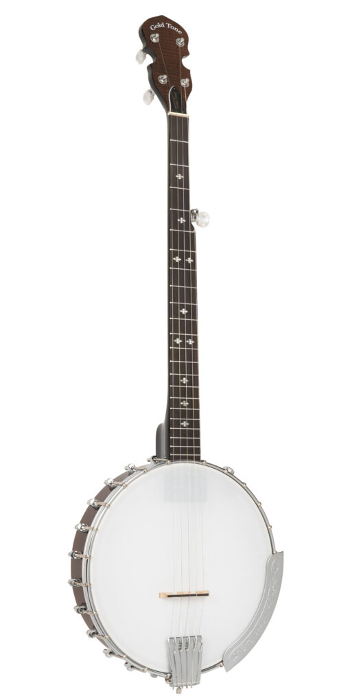 Gold Tone CC-100+/L left-handed Cripple Creek openback banjo front view showing vintage brown finish and snowflake inlays