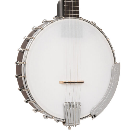 Gold Tone CC-100+/L lefty banjo pot detail featuring engraved Gold Tone armrest, Terminator tailpiece, and chrome hardware