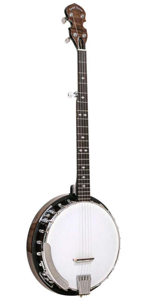 Gold Tone CC-100R+ Cripple Creek resonator banjo front view showing vintage brown finish, maple neck with snowflake inlays, and chrome hardware