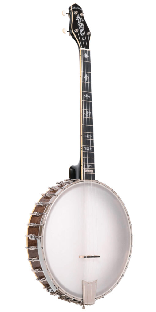 Gold Tone CEB-4 Marcy Marxer signature four-string cello banjo front view showing 14-inch pot, vintage brown finish, and ornate Weymann vintage inlays