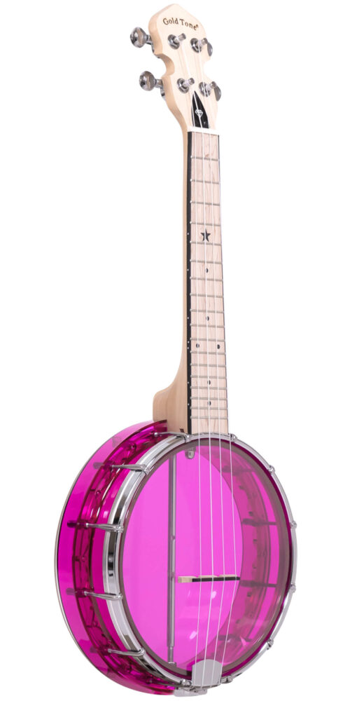 Gold Tone Little Gem Amethyst see-through banjo ukulele front view showing transparent purple acrylic body, maple neck, and chrome hardware