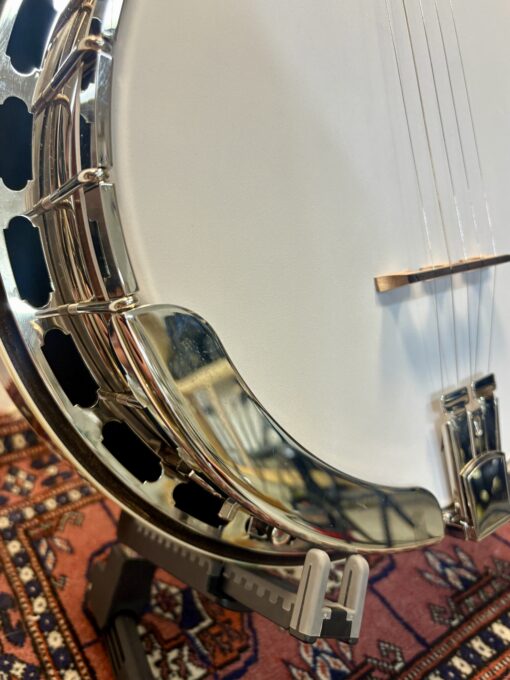 Closeup of nickel-plated armrest and one-piece flange on Shelby Blackhawk banjo