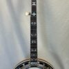 Angled front view of Shelby Blackhawk banjo with pearl inlays and nickel hardware