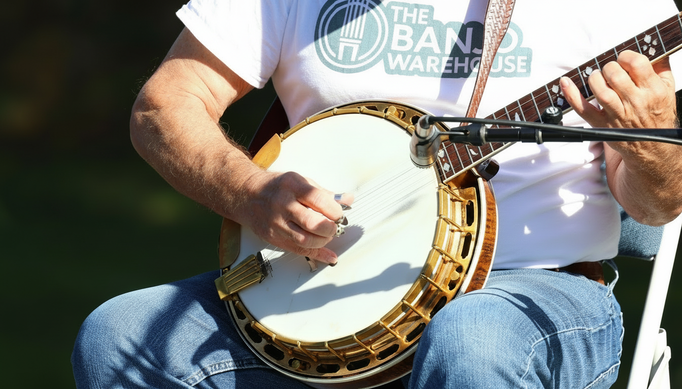 Close-up of a musician playing the Wade Mainer Gibson RB Granada Mastertone banjo (#9530-5) outdoors, wearing a Banjo Warehouse t-shirt. Gold-plated hardware and curly maple resonator visible.