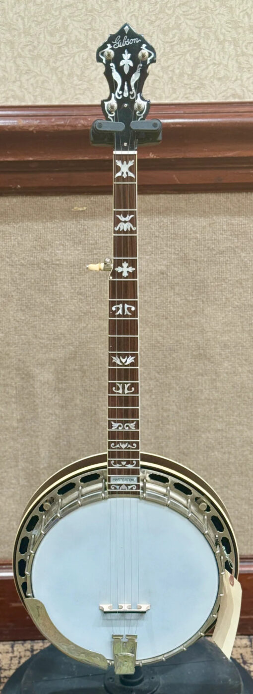 1932 Gibson TB-1 conversion banjo full front view showing Frank Neat neck with flying eagle inlays, double-cut peghead, and one-piece flange