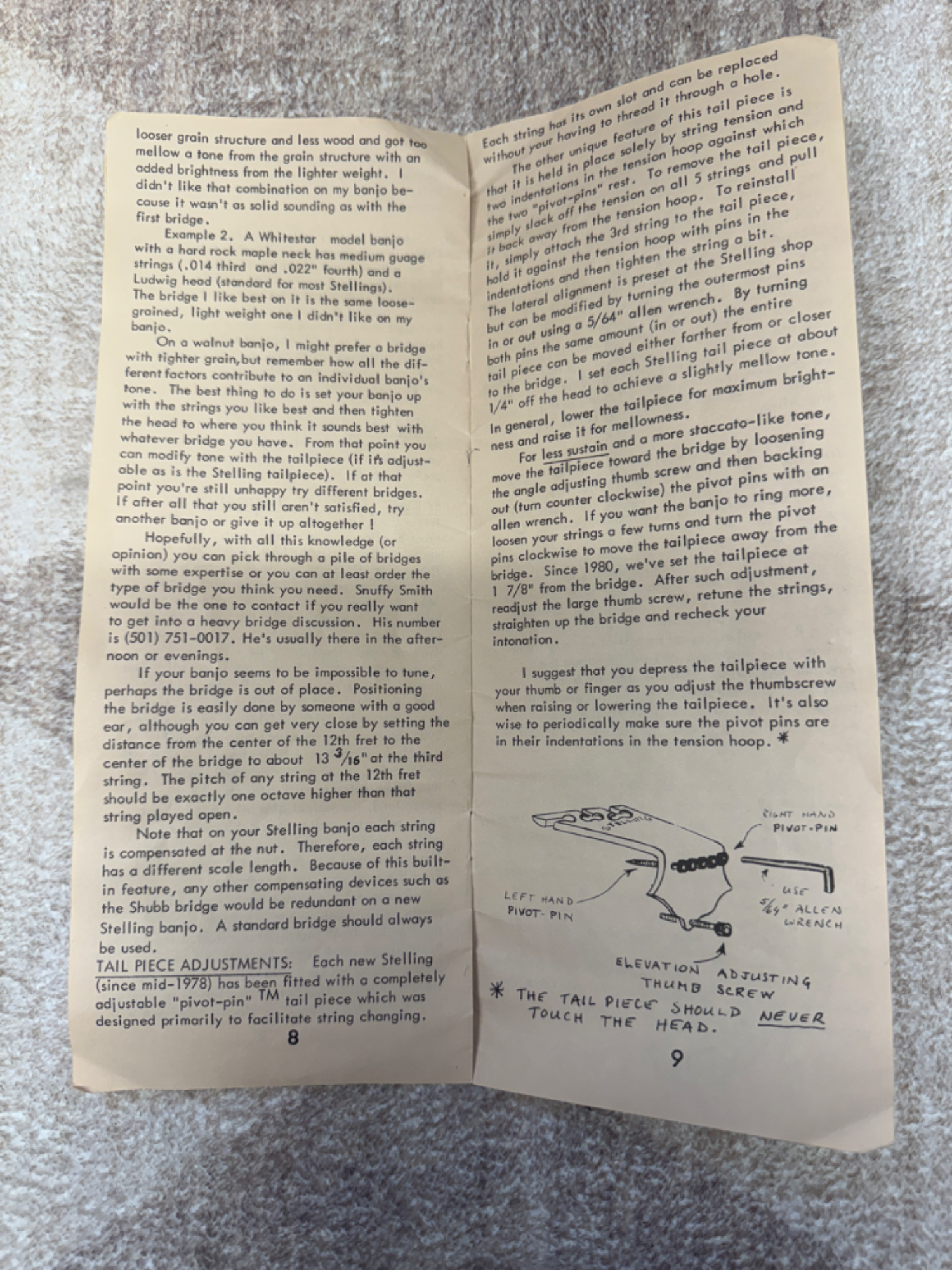 Pages 8 and 9 of Stelling manual with bridge placement instructions and pivot-pin tailpiece adjustment guide. Includes hand-drawn diagram showing tailpiece elevation adjusting thumb screw, left and right pivot pins, and note that tailpiece should never touch the head.