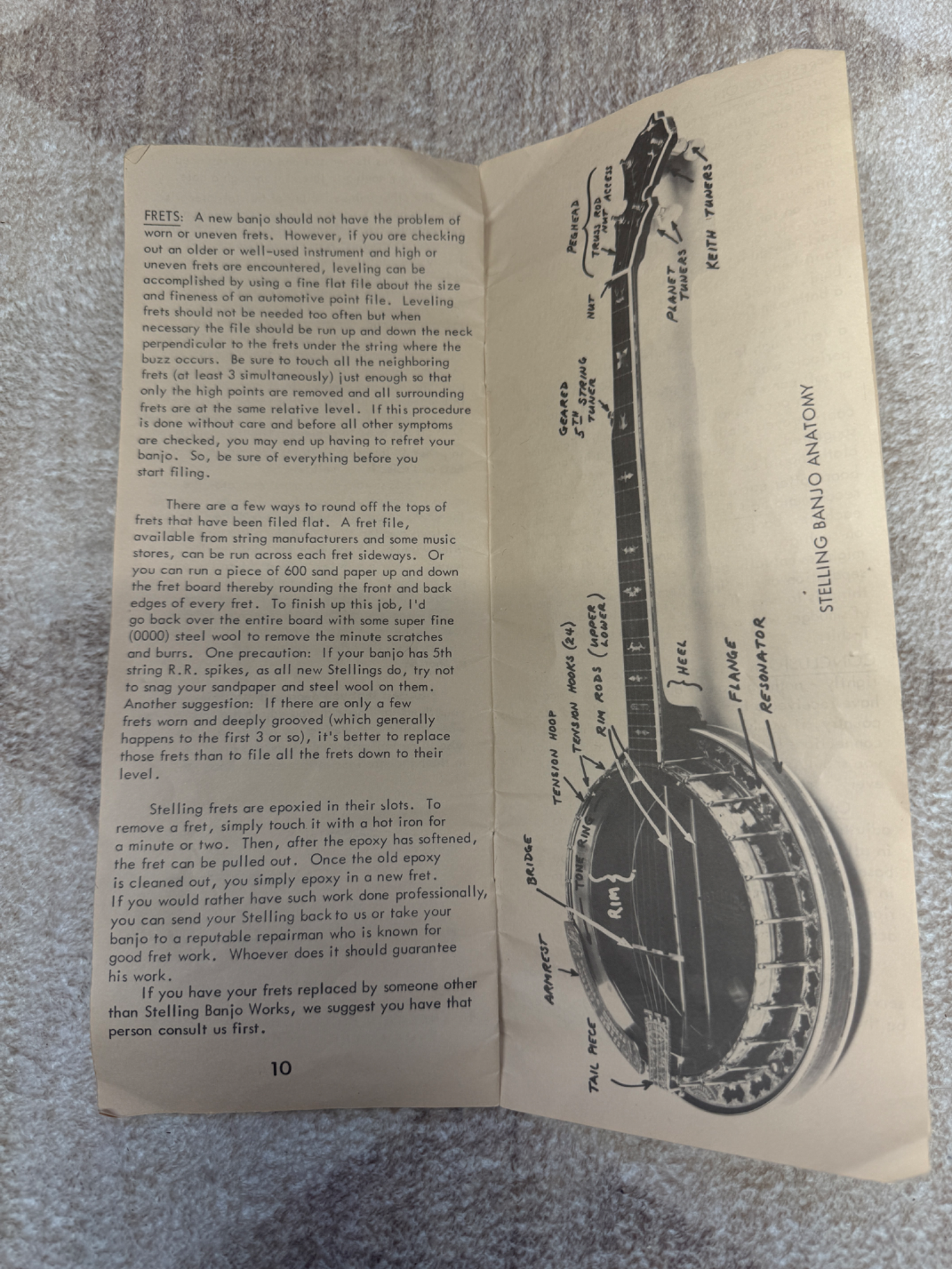 Pages 10 and 11 of Stelling manual showing fret leveling and replacement instructions alongside labeled Stelling Banjo Anatomy photograph identifying parts including peghead, neck, tension hoop, tone ring, rim, flange, resonator, bridge, armrest, tailpiece, and Keith tuners.