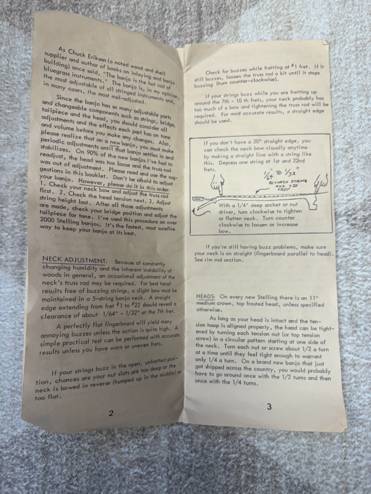 Pages 2 and 3 of Stelling manual showing banjo neck bow adjustment instructions and truss rod diagram. Includes Chuck Erikson quote about banjos being the hot rod of bluegrass instruments, with hand-drawn illustration of neck relief measurement technique.