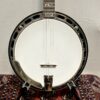 Close-up of Gibson RB-3 banjo pot showing Mastertone block inlay on fretboard, white frosted head, nickel flathead tone ring, and resonator flange