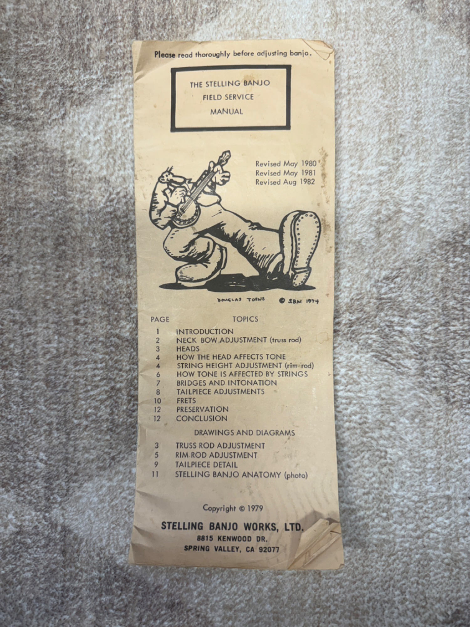 Cover of the 1979 Stelling Banjo Field Service Manual featuring Douglas Toews illustration of a banjo player, with table of contents listing topics including neck adjustment, heads, bridges, tailpiece, and frets. Copyright Stelling Banjo Works Ltd, Spring Valley California.