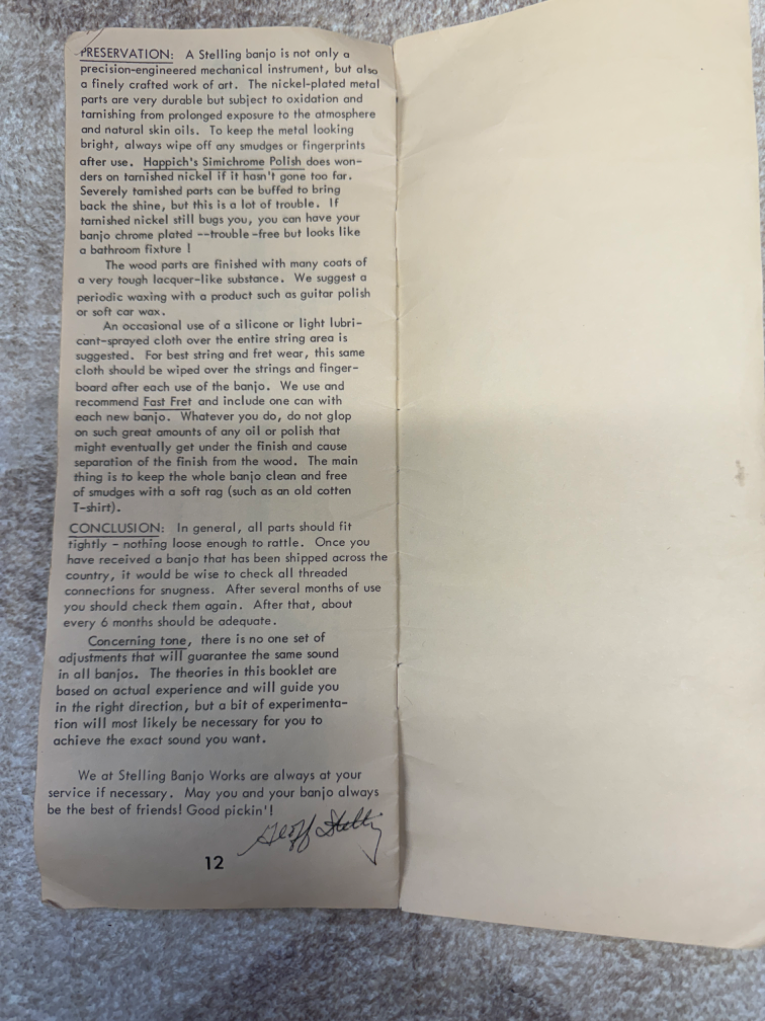 Final page 12 of Stelling Banjo Field Service Manual covering preservation tips for nickel-plated parts and wood finish care, recommending Simichrome Polish and Fast Fret. Concludes with Geoff Stelling signature and message May you and your banjo always be the best of friends, Good pickin.