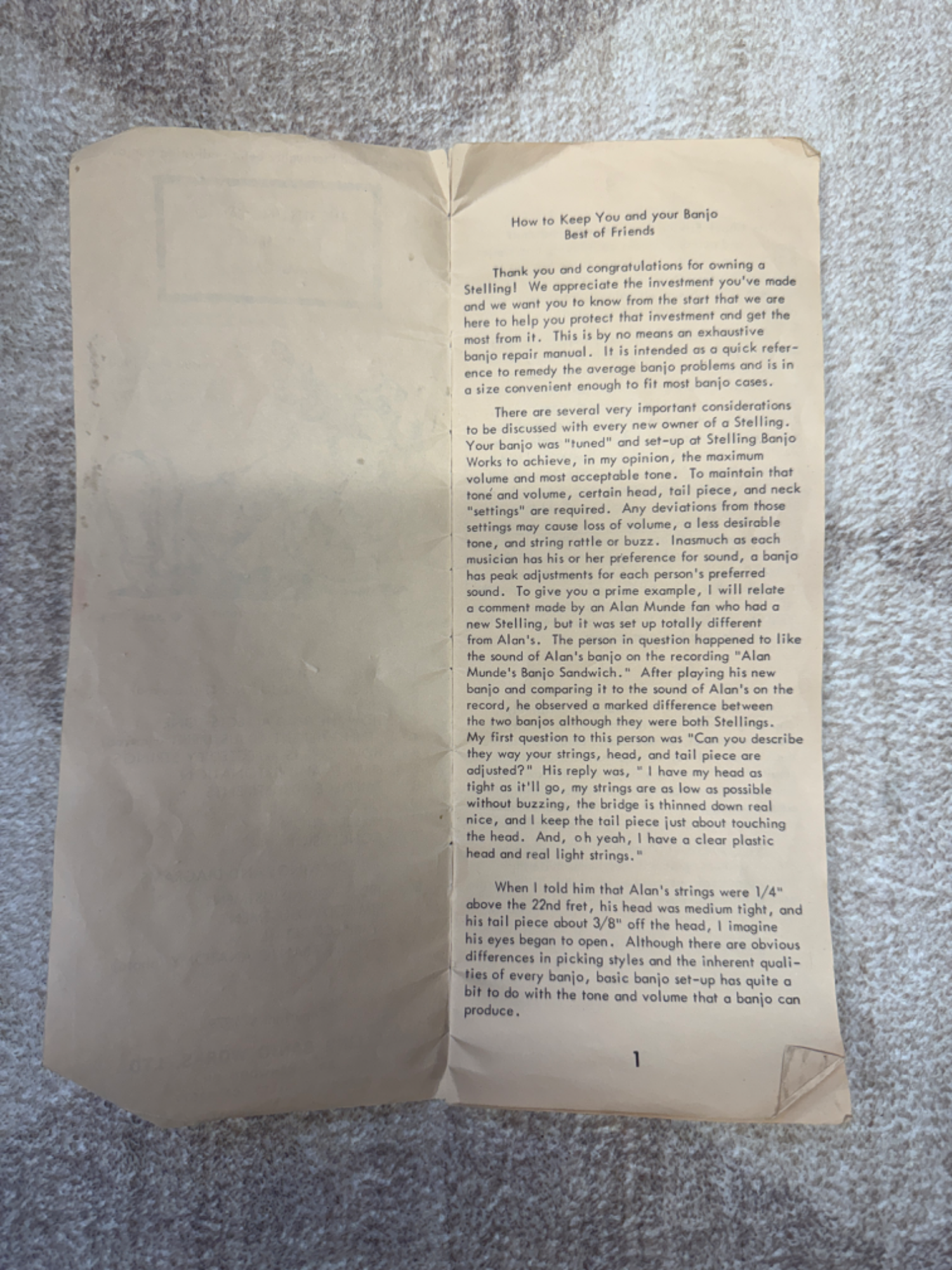 Page 1 of Stelling Banjo Field Service Manual titled How to Keep You and Your Banjo Best of Friends, discussing factory setup specifications and the story of an Alan Munde fan whose banjo setup differed from the professional standard.