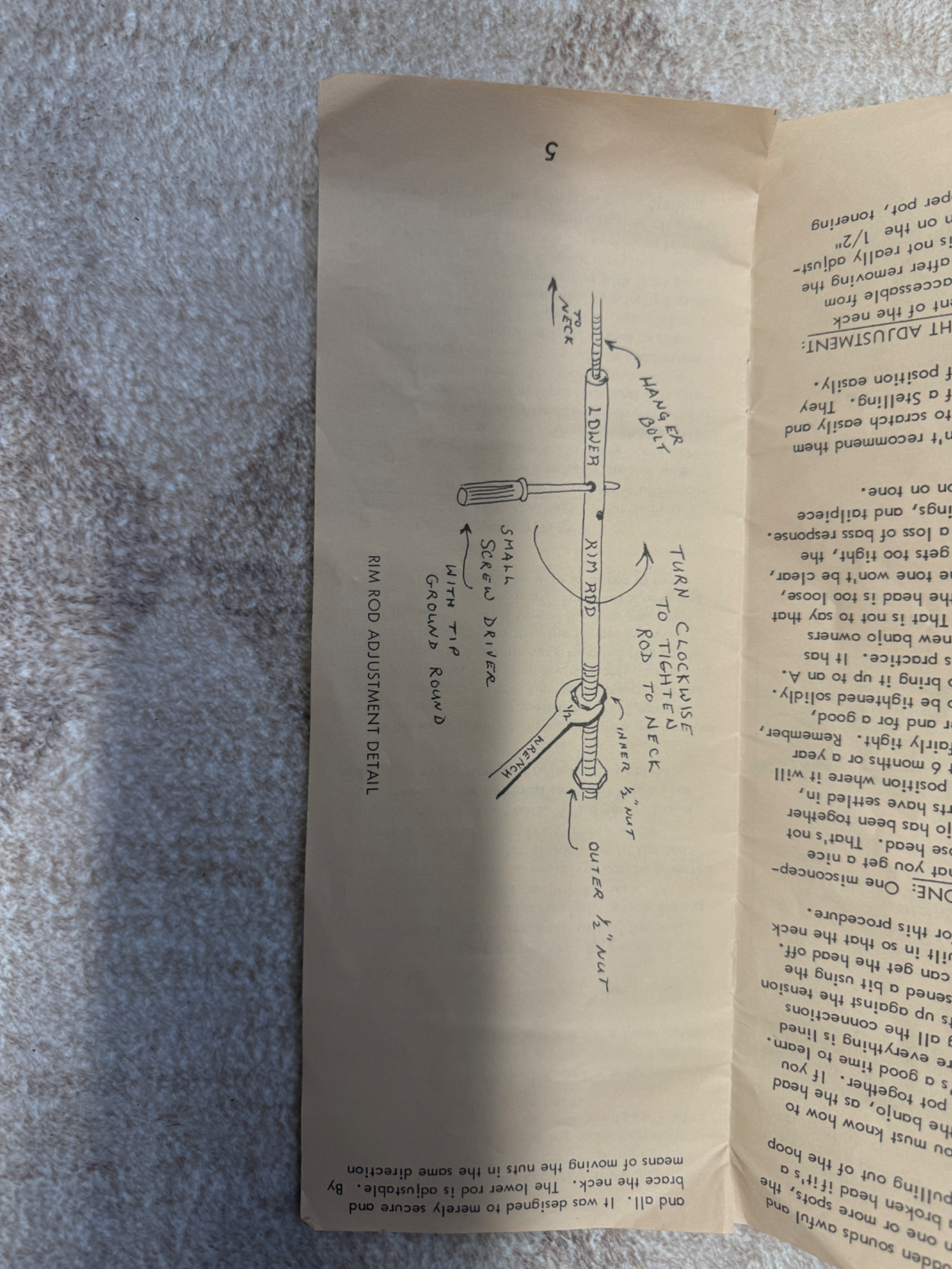 Detailed hand-drawn diagram from Stelling manual showing rim rod adjustment mechanism for banjo string height, with labeled parts including neck, hanger bolt, inner and outer half-inch nuts, and screwdriver with tip ground round. Caption reads turn clockwise to tighten rod to neck.