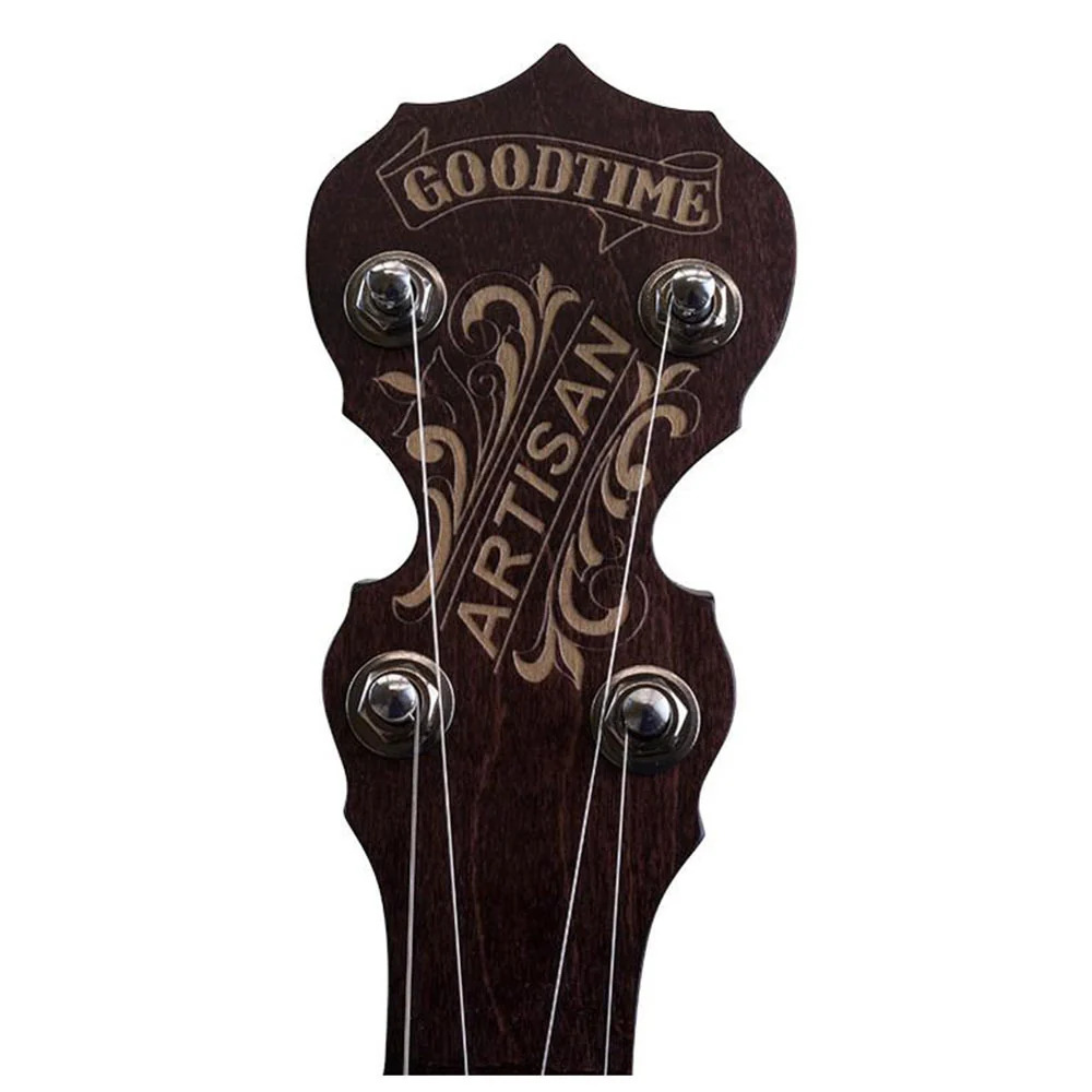 Deering Artisan Goodtime openback banjo peghead with Goodtime Artisan engraving and planetary tuners