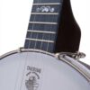 Deering Artisan Goodtime openback banjo peghead and neck being played showing Goodtime Artisan engraving