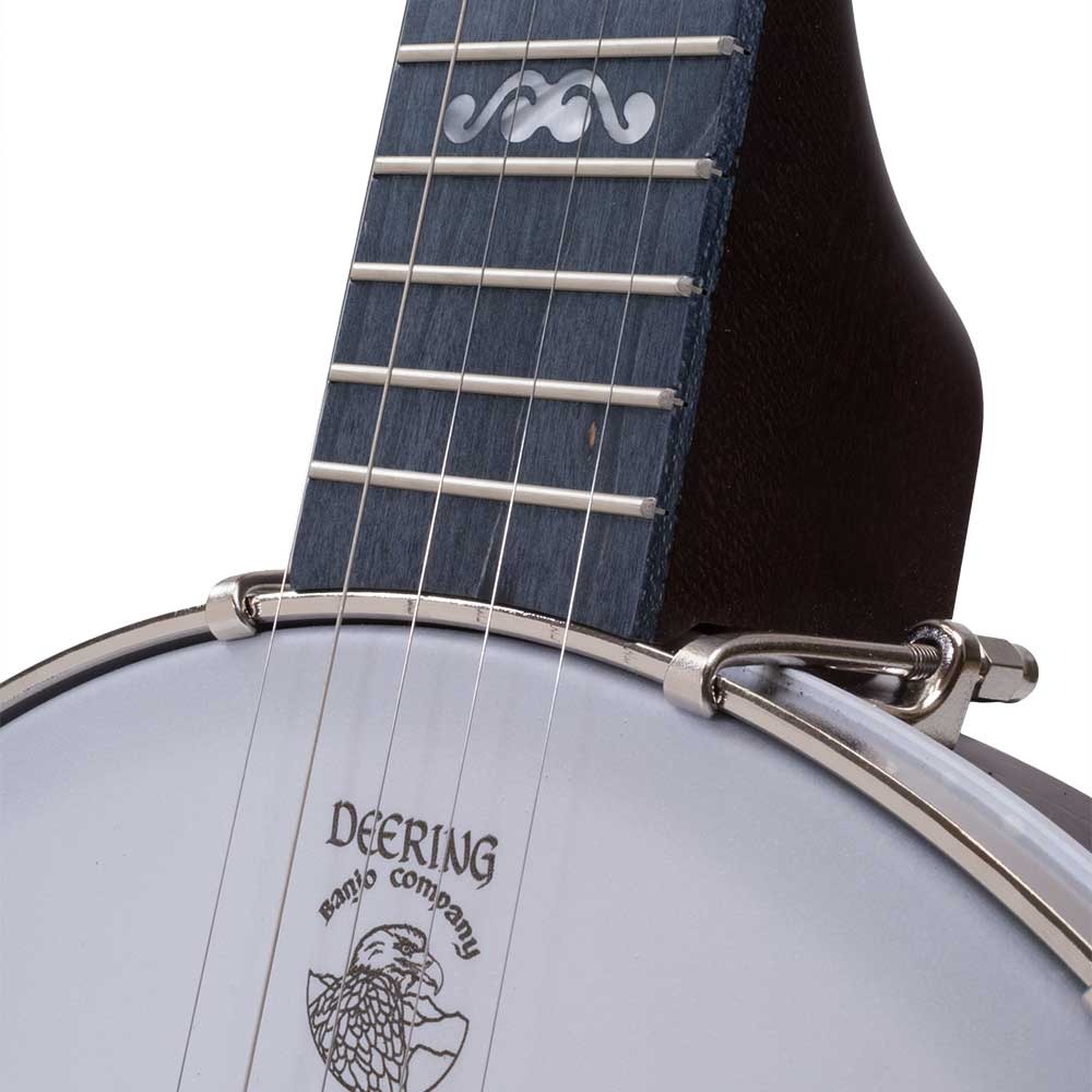 Deering Artisan Goodtime openback banjo peghead and neck being played showing Goodtime Artisan engraving