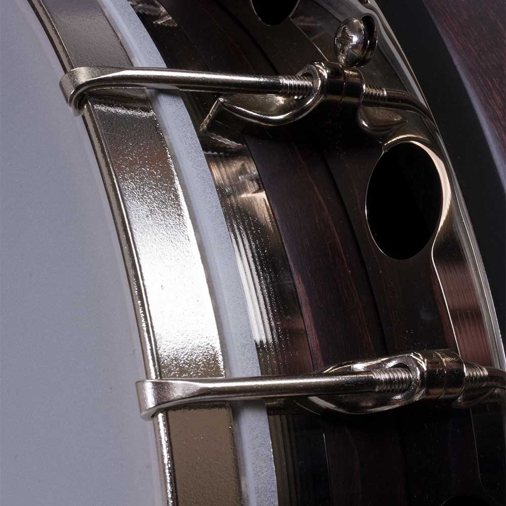 Deering Artisan Goodtime Special banjo nickel flange with sound holes and J-hooks close-up