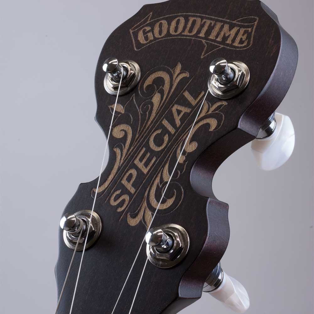 Deering Artisan Goodtime Special banjo peghead with Goodtime Special engraving and planetary tuners