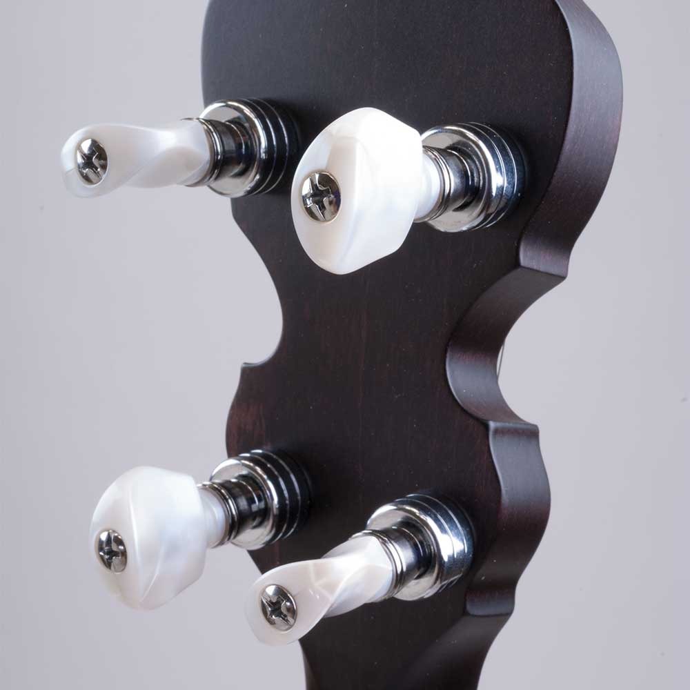 Deering Artisan Goodtime Special banjo planetary tuners with white pearloid buttons close-up