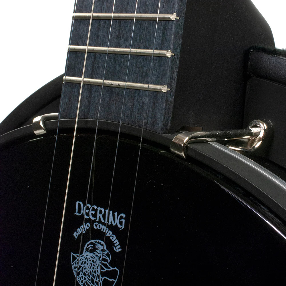 Deering Goodtime Blackgrass banjo neck heel and rim detail with Deering eagle logo on black head